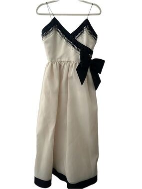 Vintage  Victoria Royal LTD. Cream and Black Bow-Accent Spaghetti Strap Dress 6